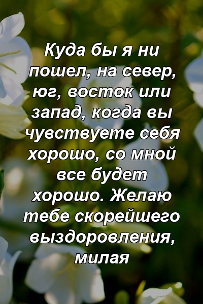 Куда бы я ни пошел, на север, юг, восток или запад, когда вы чувствуете себя хорошо, со мной все будет хорошо. Желаю тебе скорейшего выздоровления, милая