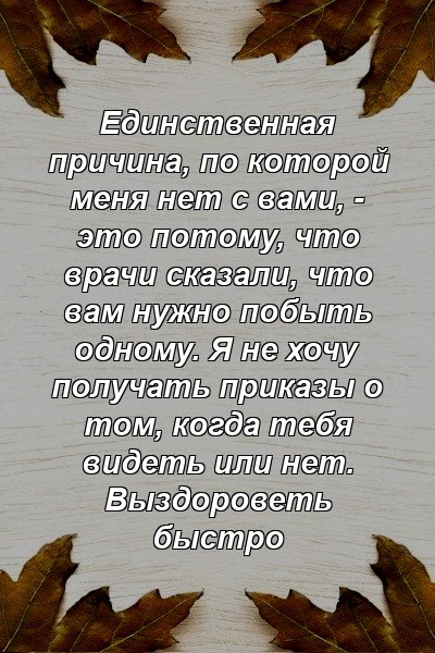 Единственная причина, по которой меня нет с вами, - это потому, что врачи сказали, что вам нужно побыть одному. Я не хочу получать приказы о том, когда тебя видеть или нет. Выздороветь быстро