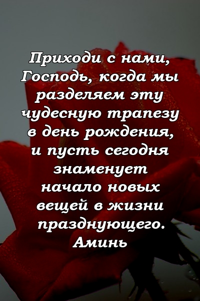 Приходи с нами, Господь, когда мы разделяем эту чудесную трапезу в день рождения, и пусть сегодня знаменует начало новых вещей в жизни празднующего. Аминь