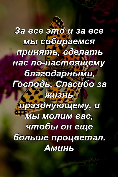 За все это и за все мы собираемся принять, сделать нас по-настоящему благодарными, Господь. Спасибо за жизнь празднующему, и мы молим вас, чтобы он еще больше процветал. Аминь