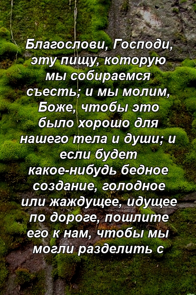 Благослови, Господи, эту пищу, которую мы собираемся съесть; и мы молим, Боже, чтобы это было хорошо для нашего тела и души; и если будет какое-нибудь бедное создание, голодное или жаждущее, идущее по дороге, пошлите его к нам, чтобы мы могли разделить с 