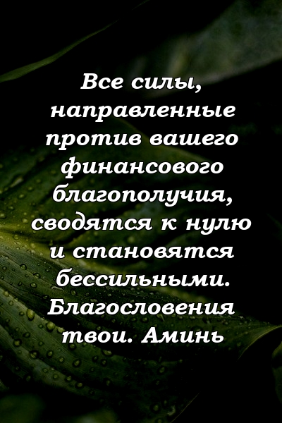 Все силы, направленные против вашего финансового благополучия, сводятся к нулю и становятся бессильными. Благословения твои. Аминь