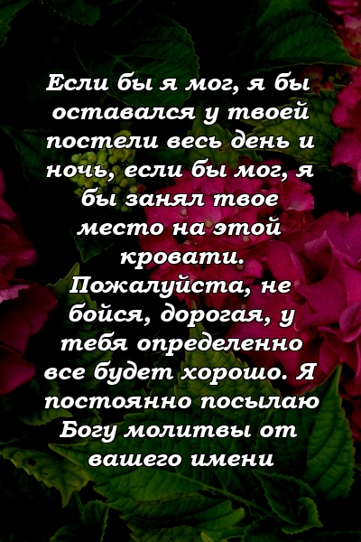 Если бы я мог, я бы оставался у твоей постели весь день и ночь, если бы мог, я бы занял твое место на этой кровати. Пожалуйста, не бойся, дорогая, у тебя определенно все будет хорошо. Я постоянно посылаю Богу молитвы от вашего имени