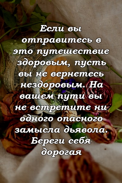 Если вы отправитесь в это путешествие здоровым, пусть вы не вернетесь нездоровым. На вашем пути вы не встретите ни одного опасного замысла дьявола. Береги себя дорогая