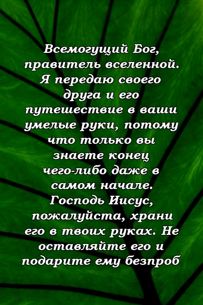 Всемогущий Бог, правитель вселенной. Я передаю своего друга и его путешествие в ваши умелые руки, потому что только вы знаете конец чего-либо даже в самом начале. Господь Иисус, пожалуйста, храни его в твоих руках. Не оставляйте его и подарите ему безпроб