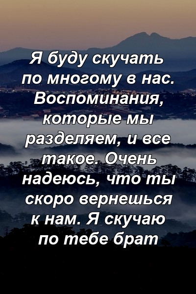 Я буду скучать по многому в нас. Воспоминания, которые мы разделяем, и все такое. Очень надеюсь, что ты скоро вернешься к нам. Я скучаю по тебе брат