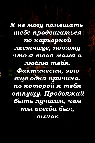 Я не могу помешать тебе продвигаться по карьерной лестнице, потому что я твоя мама и люблю тебя. Фактически, это еще одна причина, по которой я тебя отпущу. Продолжай быть лучшим, чем ты всегда был, сынок