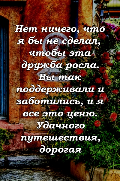 Нет ничего, что я бы не сделал, чтобы эта дружба росла. Вы так поддерживали и заботились, и я все это ценю. Удачного путешествия, дорогая