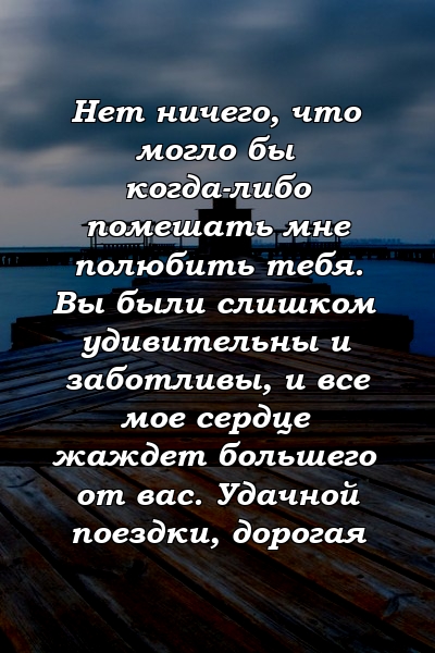 Нет ничего, что могло бы когда-либо помешать мне полюбить тебя. Вы были слишком удивительны и заботливы, и все мое сердце жаждет большего от вас. Удачной поездки, дорогая