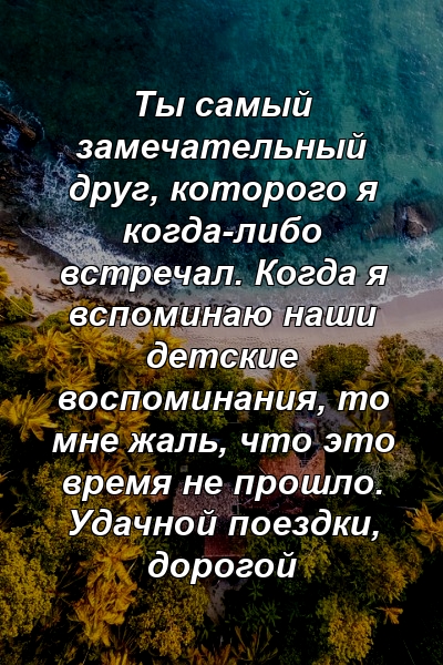 Ты самый замечательный друг, которого я когда-либо встречал. Когда я вспоминаю наши детские воспоминания, то мне жаль, что это время не прошло. Удачной поездки, дорогой