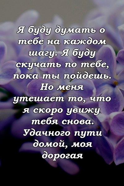 Я буду думать о тебе на каждом шагу. Я буду скучать по тебе, пока ты пойдешь. Но меня утешает то, что я скоро увижу тебя снова. Удачного пути домой, моя дорогая