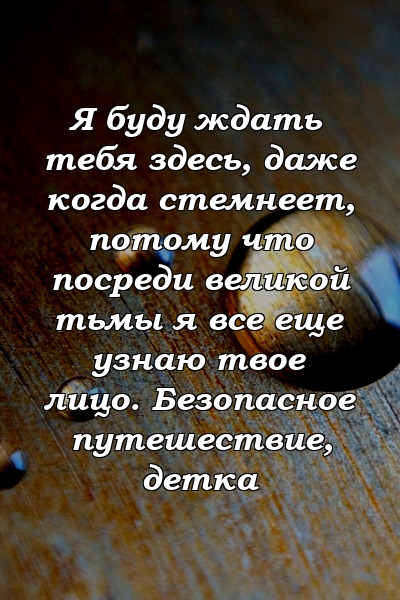 Я буду ждать тебя здесь, даже когда стемнеет, потому что посреди великой тьмы я все еще узнаю твое лицо. Безопасное путешествие, детка