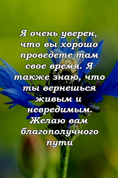 Я очень уверен, что вы хорошо проведете там свое время. Я также знаю, что ты вернешься живым и невредимым. Желаю вам благополучного пути