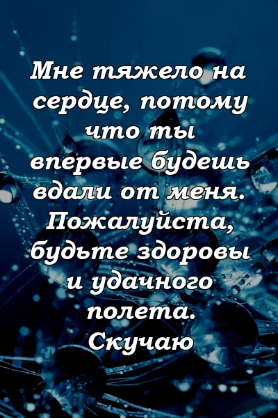 Мне тяжело на сердце, потому что ты впервые будешь вдали от меня. Пожалуйста, будьте здоровы и удачного полета. Скучаю