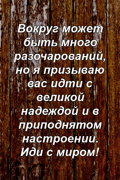 Вокруг может быть много разочарований, но я призываю вас идти с великой надеждой и в приподнятом настроении. Иди с миром!