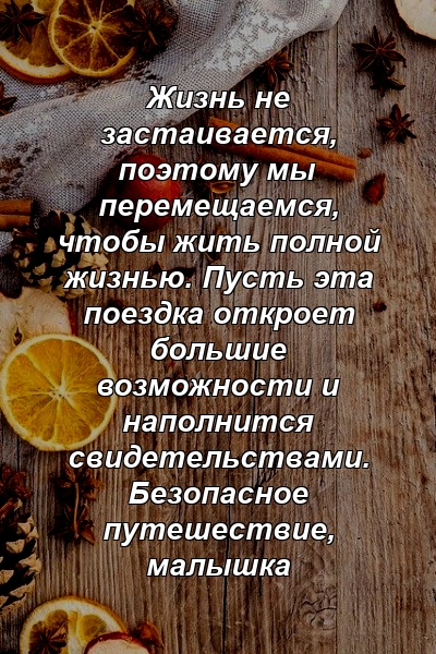 Жизнь не застаивается, поэтому мы перемещаемся, чтобы жить полной жизнью. Пусть эта поездка откроет большие возможности и наполнится свидетельствами. Безопасное путешествие, малышка