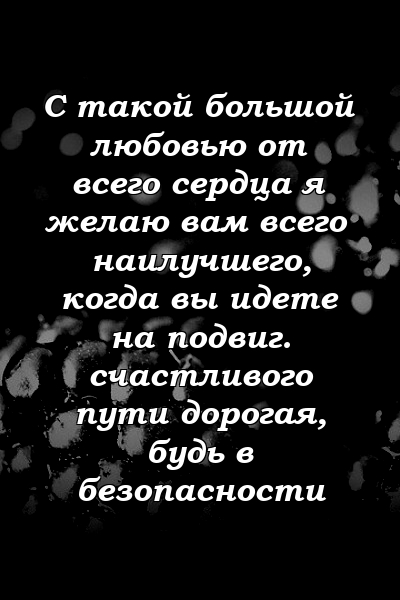 С такой большой любовью от всего сердца я желаю вам всего наилучшего, когда вы идете на подвиг. счастливого пути дорогая, будь в безопасности