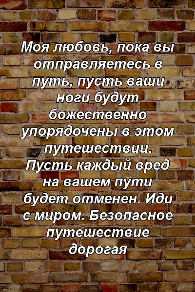 Моя любовь, пока вы отправляетесь в путь, пусть ваши ноги будут божественно упорядочены в этом путешествии. Пусть каждый вред на вашем пути будет отменен. Иди с миром. Безопасное путешествие дорогая