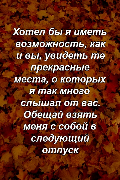 Хотел бы я иметь возможность, как и вы, увидеть те прекрасные места, о которых я так много слышал от вас. Обещай взять меня с собой в следующий отпуск