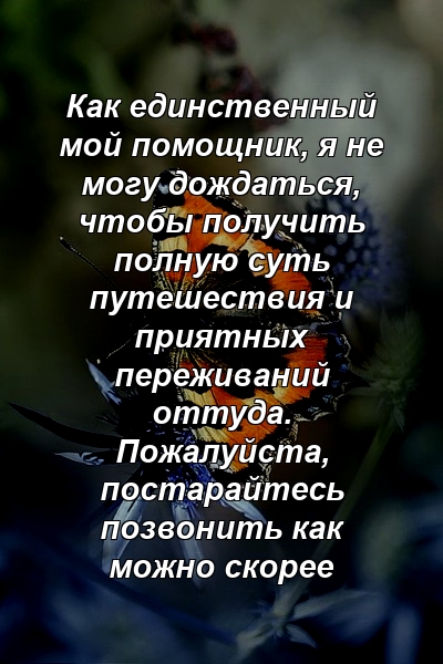 Как единственный мой помощник, я не могу дождаться, чтобы получить полную суть путешествия и приятных переживаний оттуда. Пожалуйста, постарайтесь позвонить как можно скорее