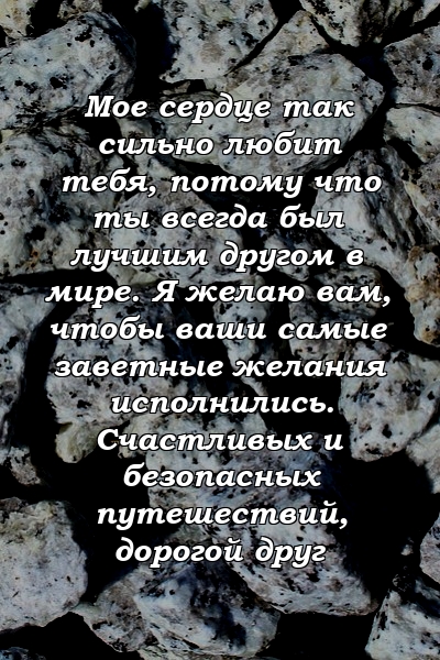 Мое сердце так сильно любит тебя, потому что ты всегда был лучшим другом в мире. Я желаю вам, чтобы ваши самые заветные желания исполнились. Счастливых и безопасных путешествий, дорогой друг