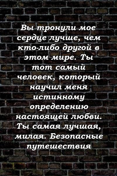 Вы тронули мое сердце лучше, чем кто-либо другой в этом мире. Ты тот самый человек, который научил меня истинному определению настоящей любви. Ты самая лучшая, милая. Безопасные путешествия