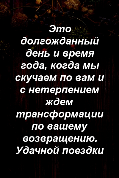 Это долгожданный день и время года, когда мы скучаем по вам и с нетерпением ждем трансформации по вашему возвращению. Удачной поездки