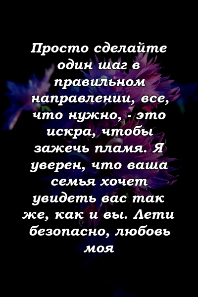 Просто сделайте один шаг в правильном направлении, все, что нужно, - это искра, чтобы зажечь пламя. Я уверен, что ваша семья хочет увидеть вас так же, как и вы. Лети безопасно, любовь моя