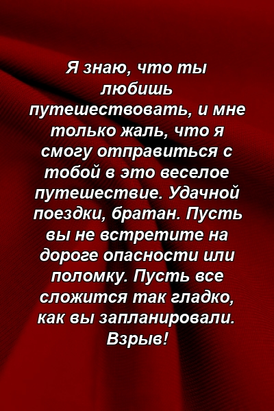 Я знаю, что ты любишь путешествовать, и мне только жаль, что я смогу отправиться с тобой в это веселое путешествие. Удачной поездки, братан. Пусть вы не встретите на дороге опасности или поломку. Пусть все сложится так гладко, как вы запланировали. Взрыв!