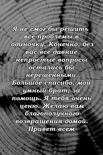 Я не смог бы решить все проблемы в одиночку. Конечно, без вас все давние непростые вопросы остались бы нерешенными. Большое спасибо, мой умный брат, за помощь. Я тебя очень ценю. Желаю вам благополучного возвращения домой. Привет всем