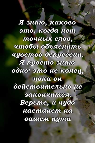 Я знаю, каково это, когда нет точных слов, чтобы объяснить чувство депрессии. Я просто знаю одно: это не конец, пока он действительно не закончится. Верьте, и чудо настанет на вашем пути