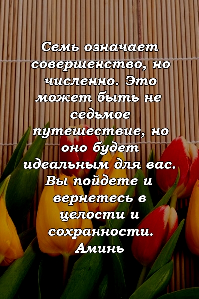 Семь означает совершенство, но численно. Это может быть не седьмое путешествие, но оно будет идеальным для вас. Вы пойдете и вернетесь в целости и сохранности. Аминь