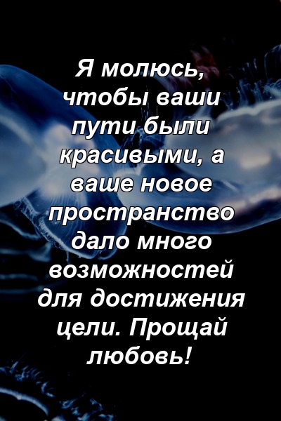 Я молюсь, чтобы ваши пути были красивыми, а ваше новое пространство дало много возможностей для достижения цели. Прощай любовь!