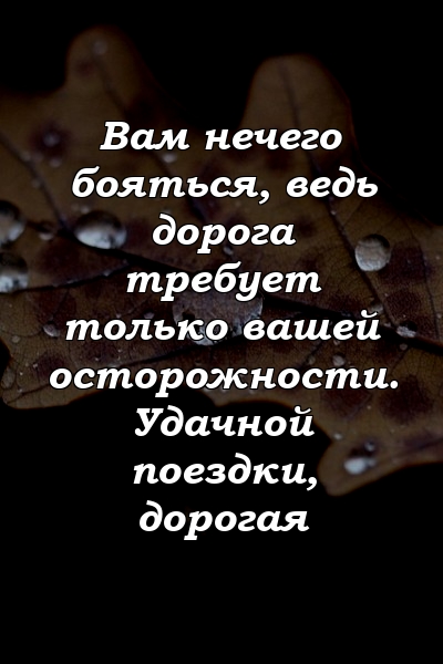 Вам нечего бояться, ведь дорога требует только вашей осторожности. Удачной поездки, дорогая