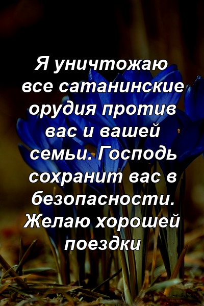 Я уничтожаю все сатанинские орудия против вас и вашей семьи. Господь сохранит вас в безопасности. Желаю хорошей поездки