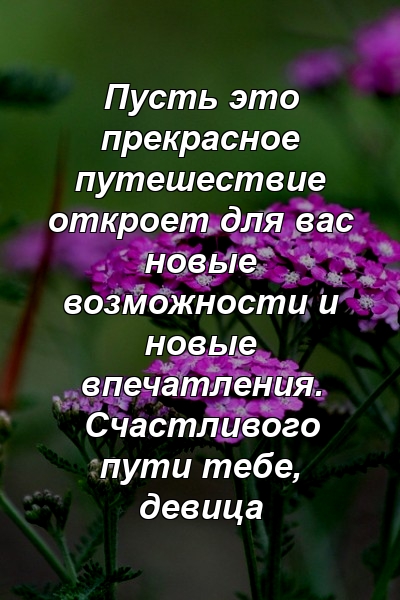 Пусть это прекрасное путешествие откроет для вас новые возможности и новые впечатления. Счастливого пути тебе, девица