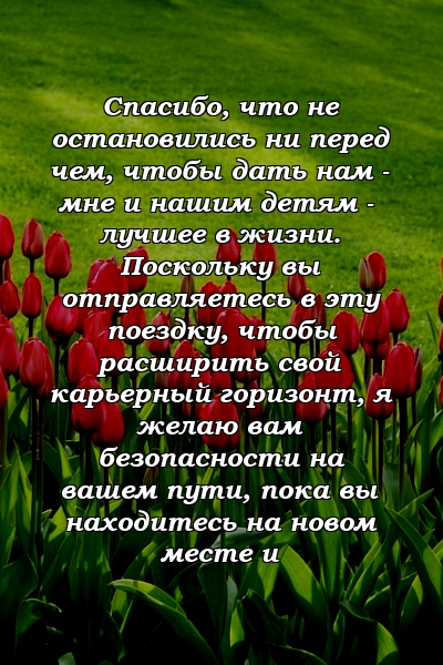 Спасибо, что не остановились ни перед чем, чтобы дать нам - мне и нашим детям - лучшее в жизни. Поскольку вы отправляетесь в эту поездку, чтобы расширить свой карьерный горизонт, я желаю вам безопасности на вашем пути, пока вы находитесь на новом месте и 