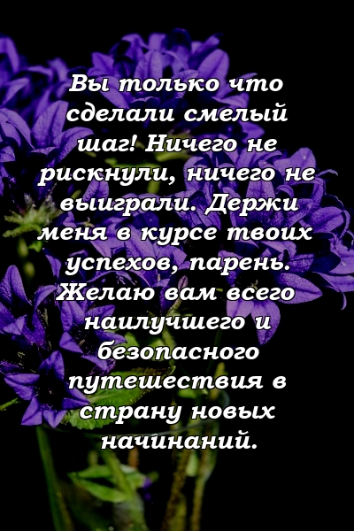 Вы только что сделали смелый шаг! Ничего не рискнули, ничего не выиграли. Держи меня в курсе твоих успехов, парень. Желаю вам всего наилучшего и безопасного путешествия в страну новых начинаний.