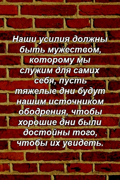 Наши усилия должны быть мужеством, которому мы служим для самих себя, пусть тяжелые дни будут нашим источником ободрения, чтобы хорошие дни были достойны того, чтобы их увидеть.