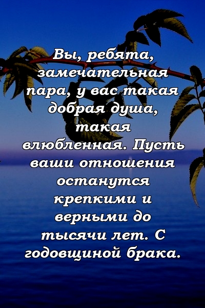 Вы, ребята, замечательная пара, у вас такая добрая душа, такая влюбленная. Пусть ваши отношения останутся крепкими и верными до тысячи лет. С годовщиной брака.