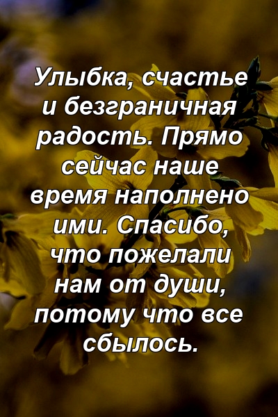 Улыбка, счастье и безграничная радость. Прямо сейчас наше время наполнено ими. Спасибо, что пожелали нам от души, потому что все сбылось.