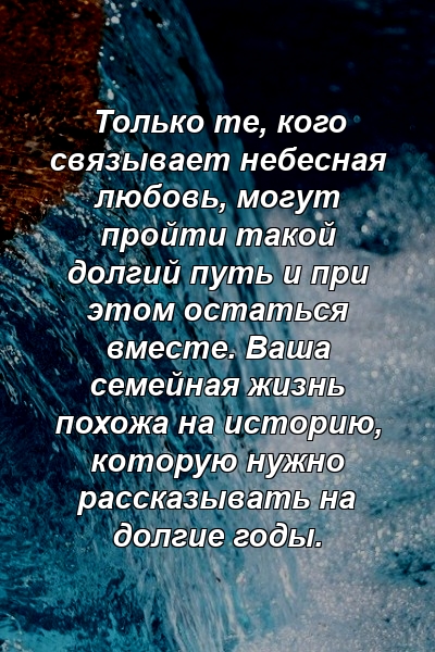 Только те, кого связывает небесная любовь, могут пройти такой долгий путь и при этом остаться вместе. Ваша семейная жизнь похожа на историю, которую нужно рассказывать на долгие годы.