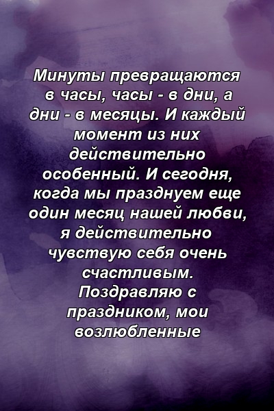 Минуты превращаются в часы, часы - в дни, а дни - в месяцы. И каждый момент из них действительно особенный. И сегодня, когда мы празднуем еще один месяц нашей любви, я действительно чувствую себя очень счастливым. Поздравляю с праздником, мои возлюбленные