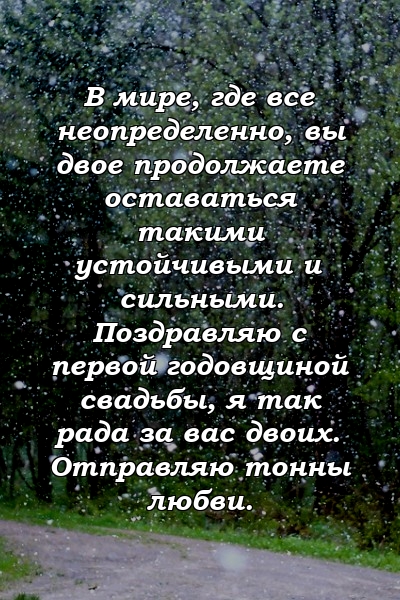 В мире, где все неопределенно, вы двое продолжаете оставаться такими устойчивыми и сильными. Поздравляю с первой годовщиной свадьбы, я так рада за вас двоих. Отправляю тонны любви.