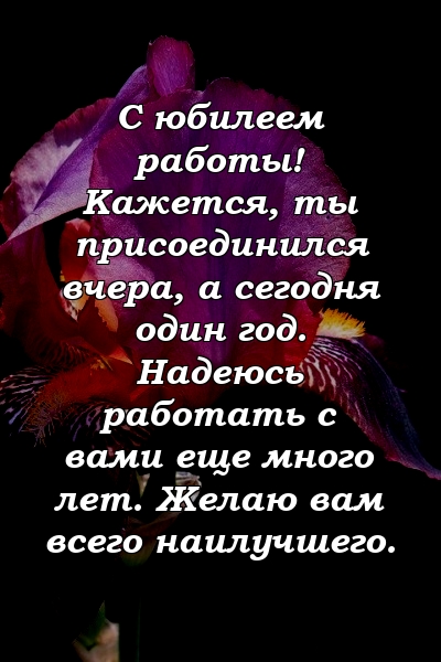 С юбилеем работы! Кажется, ты присоединился вчера, а сегодня один год. Надеюсь работать с вами еще много лет. Желаю вам всего наилучшего.