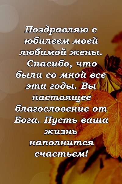 Поздравляю с юбилеем моей любимой жены. Спасибо, что были со мной все эти годы. Вы настоящее благословение от Бога. Пусть ваша жизнь наполнится счастьем!