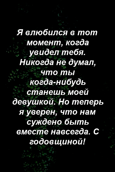 Я влюбился в тот момент, когда увидел тебя. Никогда не думал, что ты когда-нибудь станешь моей девушкой. Но теперь я уверен, что нам суждено быть вместе навсегда. С годовщиной!