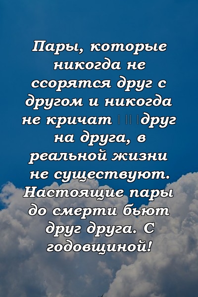 Пары, которые никогда не ссорятся друг с другом и никогда не кричат ​​друг на друга, в реальной жизни не существуют. Настоящие пары до смерти бьют друг друга. С годовщиной!