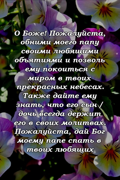 О Боже! Пожалуйста, обними моего папу своими любящими объятиями и позволь ему покоиться с миром в твоих прекрасных небесах. Также дайте ему знать, что его сын / дочь всегда держит его в своих молитвах. Пожалуйста, дай Бог моему папе спать в твоих любящих 