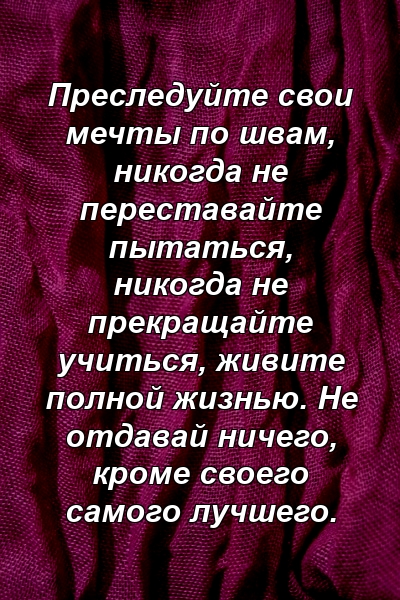 Преследуйте свои мечты по швам, никогда не переставайте пытаться, никогда не прекращайте учиться, живите полной жизнью. Не отдавай ничего, кроме своего самого лучшего.